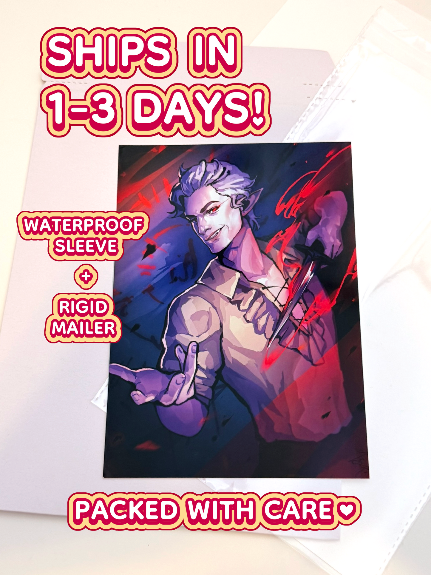 The Astarion print ships in 1 to 3 days in a waterproof sleeve and rigid mailer.