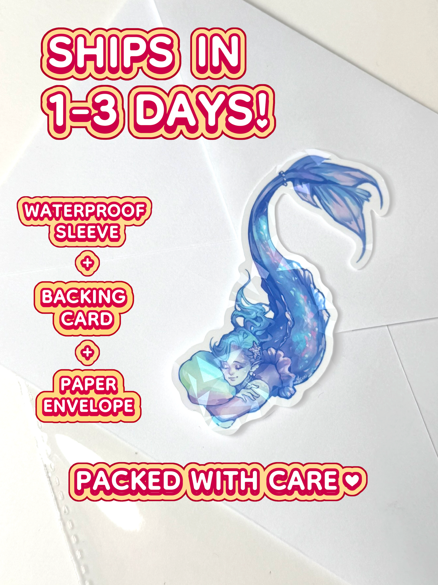 The holographic mermaid ships in 1 to 3 days in a waterproof sleeve, backing card, and paper envelope.