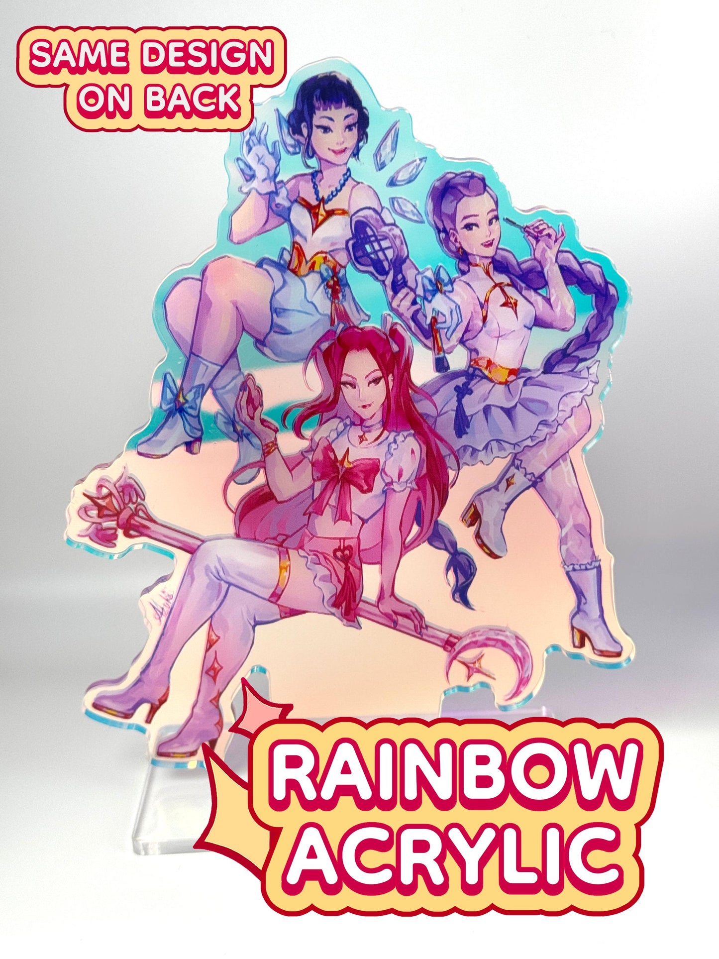 The Huntrix standee has the same design on both sides in rainbow acrylic