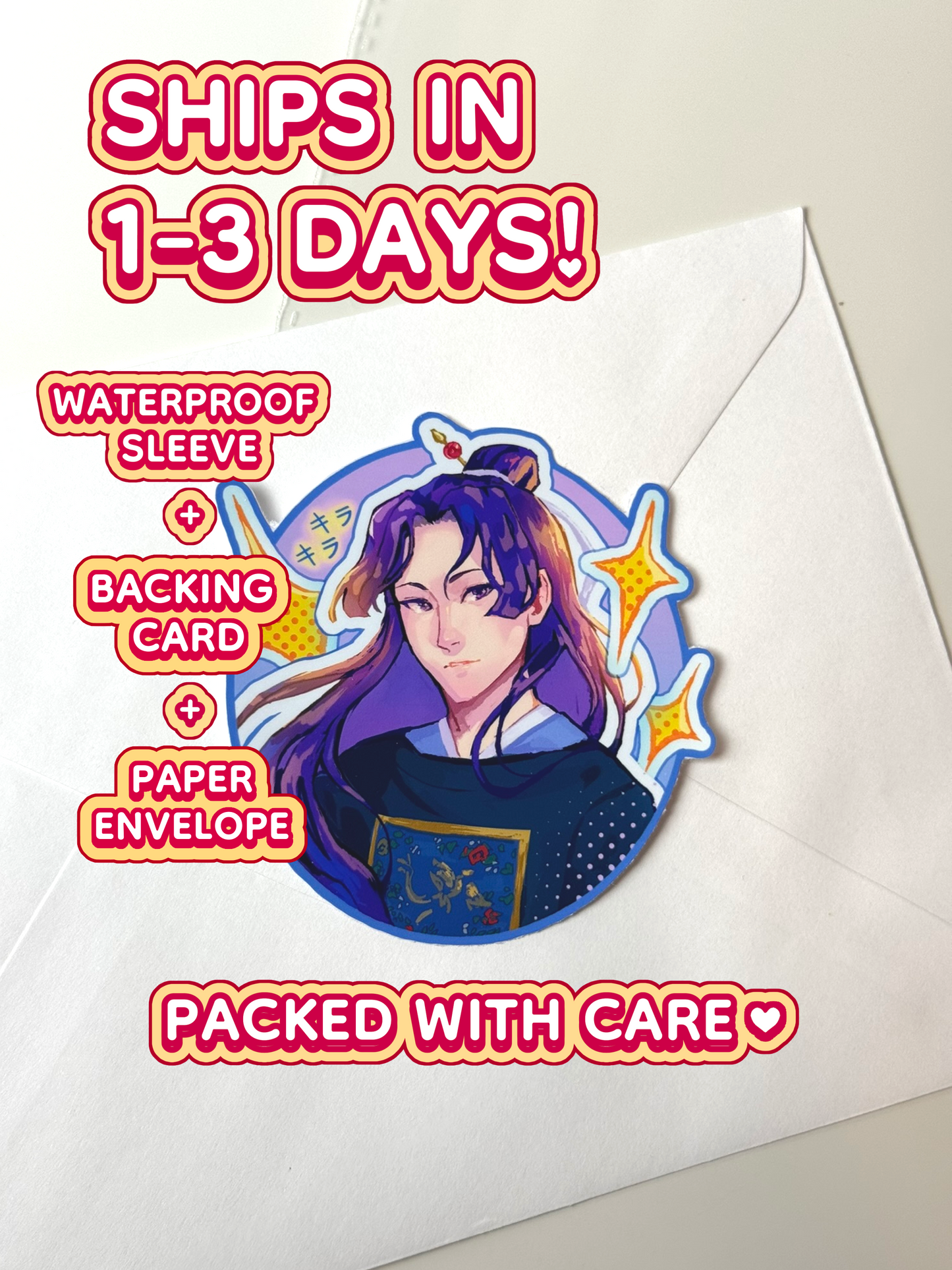 The Jinshi sticker ships in 1 to 3 days in a waterproof sleeve, backing card, and paper envelope.