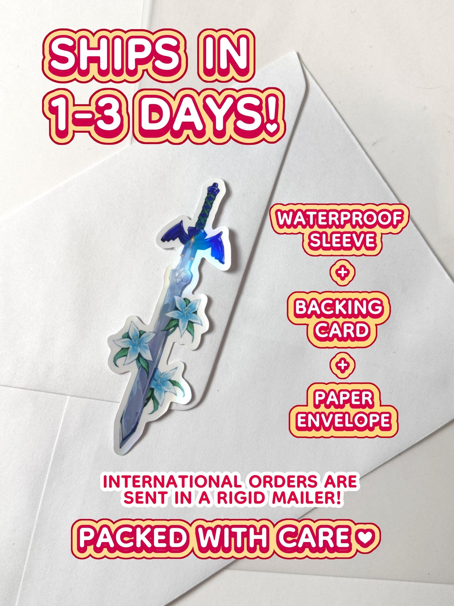 The master sword ships in 1 to 3 days in a waterproof sleeve, backing card, and paper envelope.