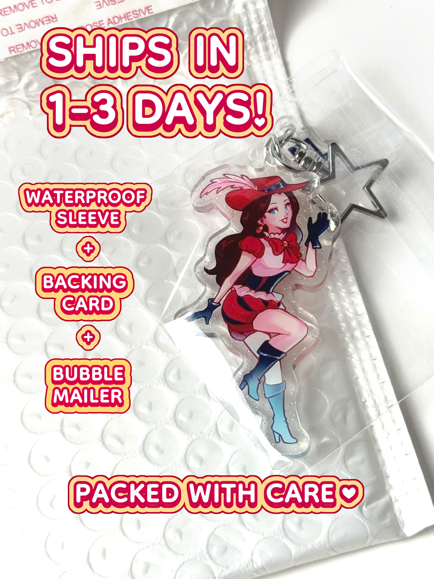 The Pauline keychain ships in 1 to 3 days in a waterproof sleeve, backing car, and bubble mailer.