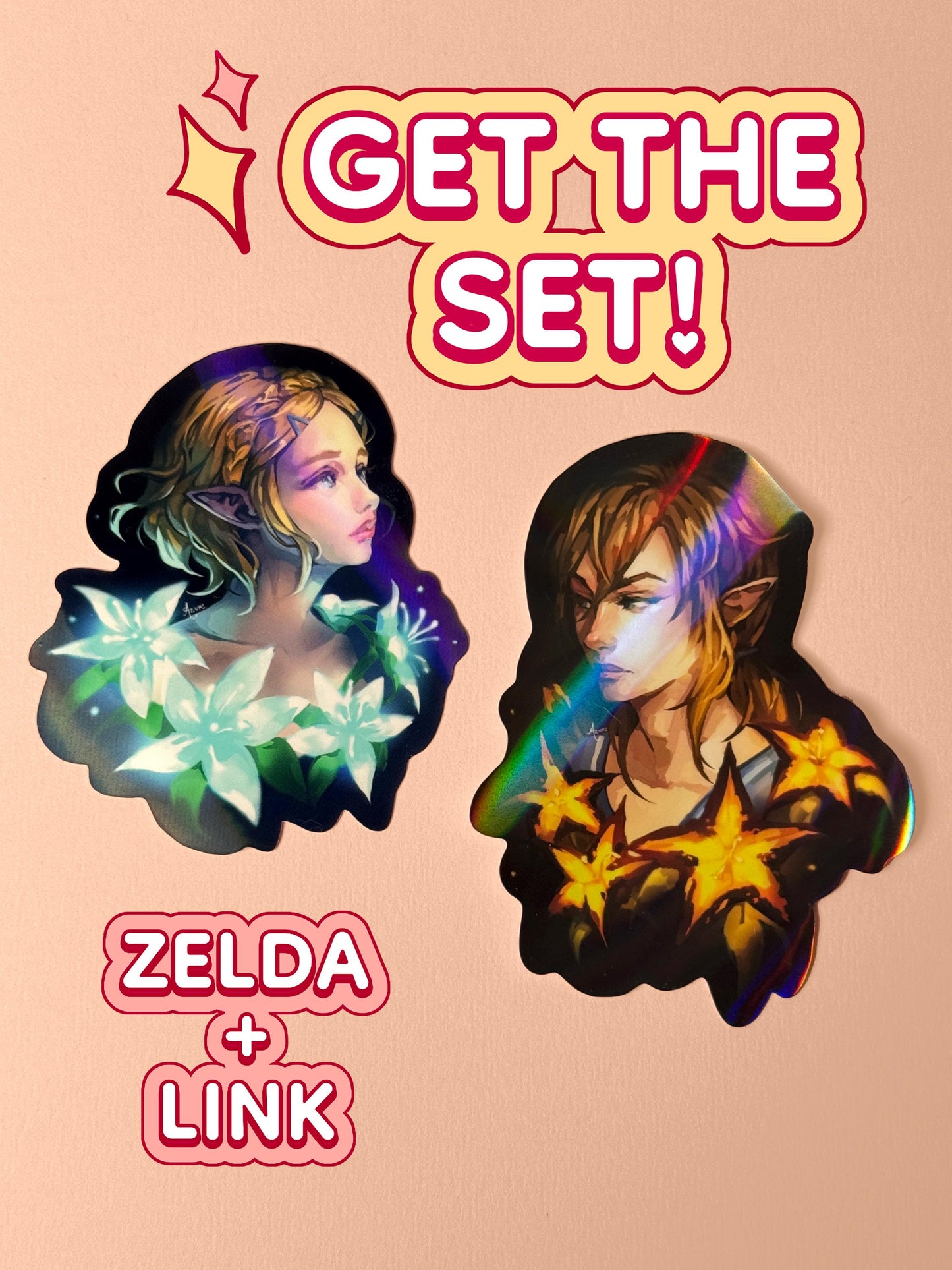 The holographic Princess Zelda and Link stickers are available as a set.
