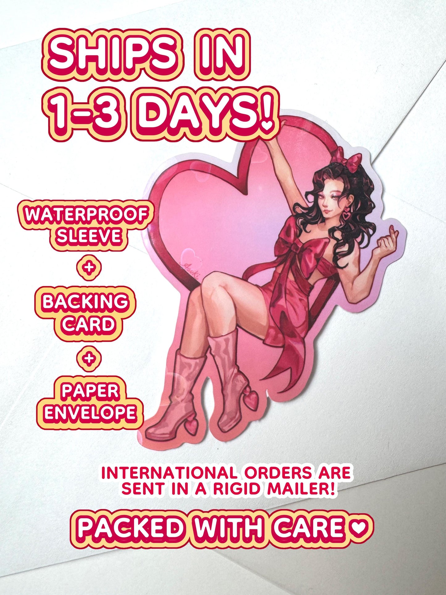 The Valentines Day girl sticker ships in 1 to 3 days in a waterproof sleeve, backing card, and paper envelope.