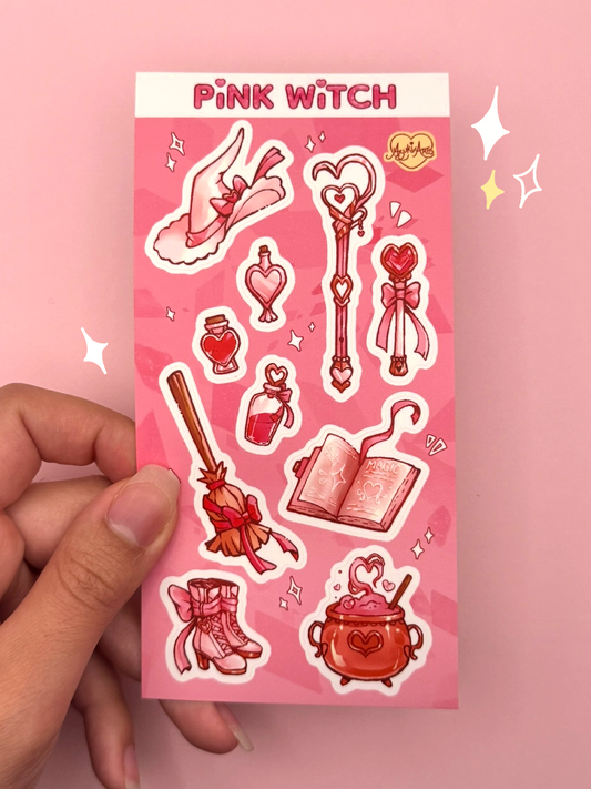 Pink Witch Sticker Sheet - Waterproof Vinyl