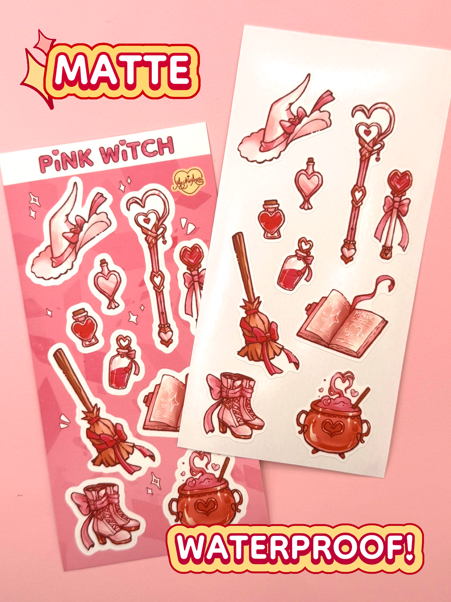 Pink Witch Sticker Sheet - Waterproof Vinyl