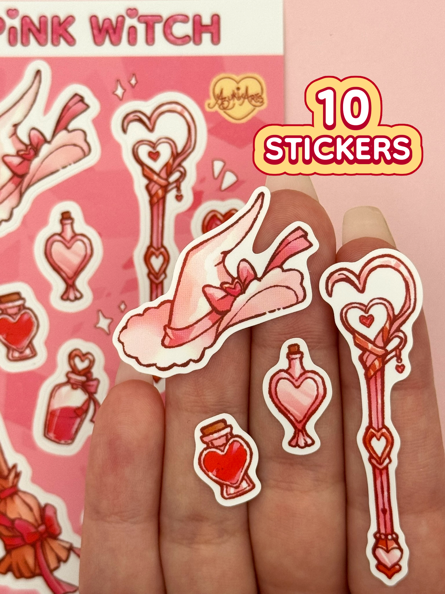 Pink Witch Sticker Sheet - Waterproof Vinyl
