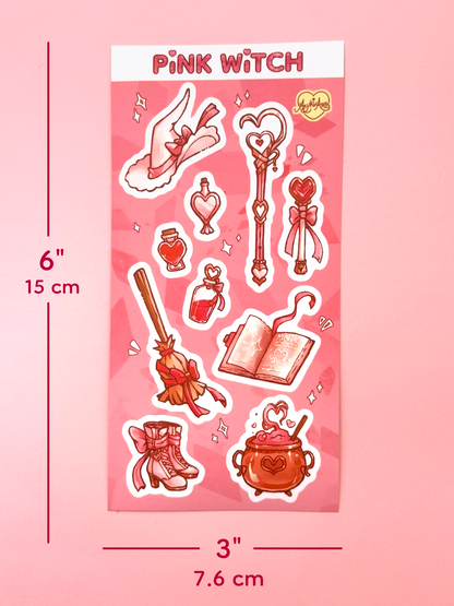 Pink Witch Sticker Sheet - Waterproof Vinyl