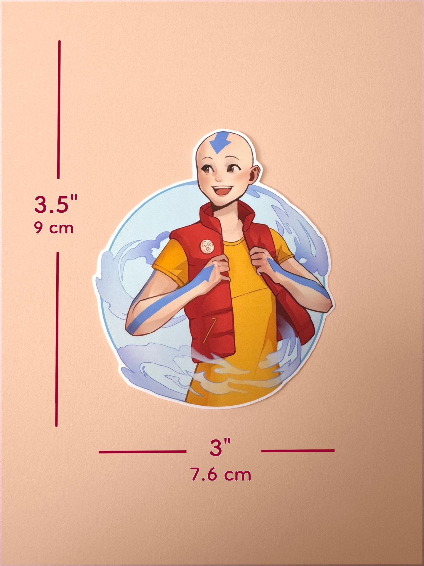 The Aang sticker measures 3.5 inches tall and 3 inches wide.