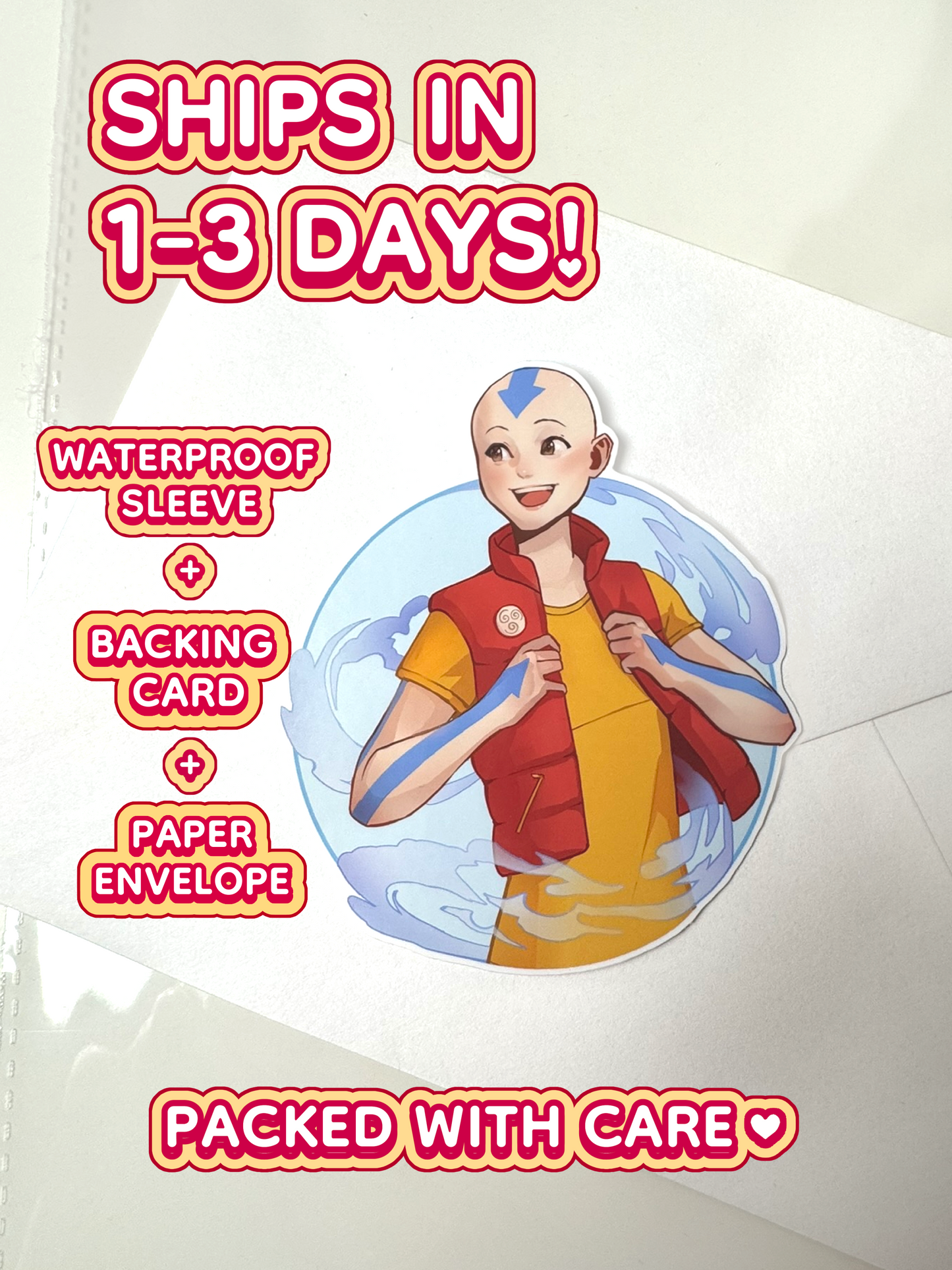 The Aang sticker ships in 1 to 3 days in a waterproof sleeve, backing card, and paper envelope.