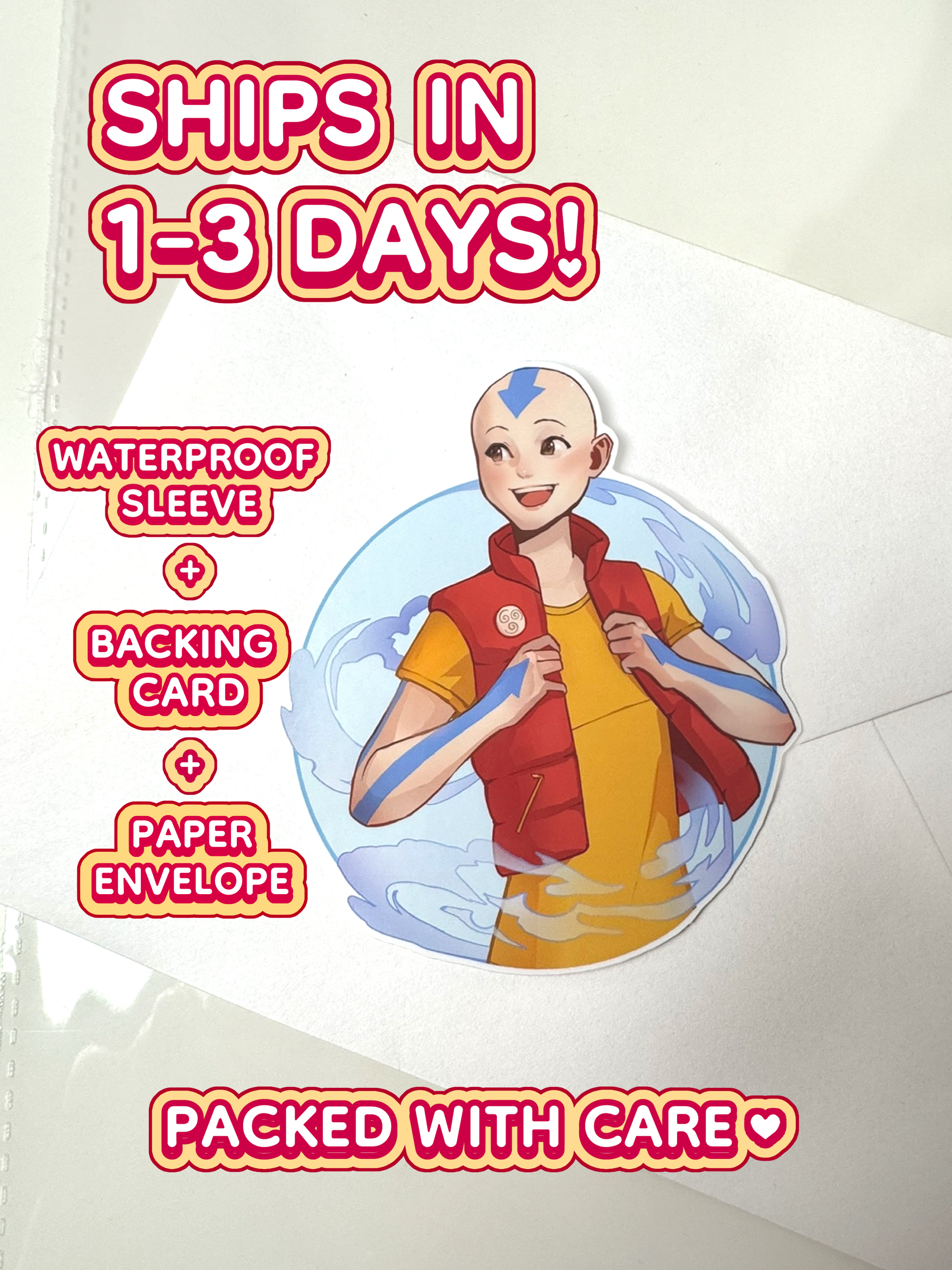 The Aang sticker ships in 1 to 3 days in a waterproof sleeve, backing card, and paper envelope.