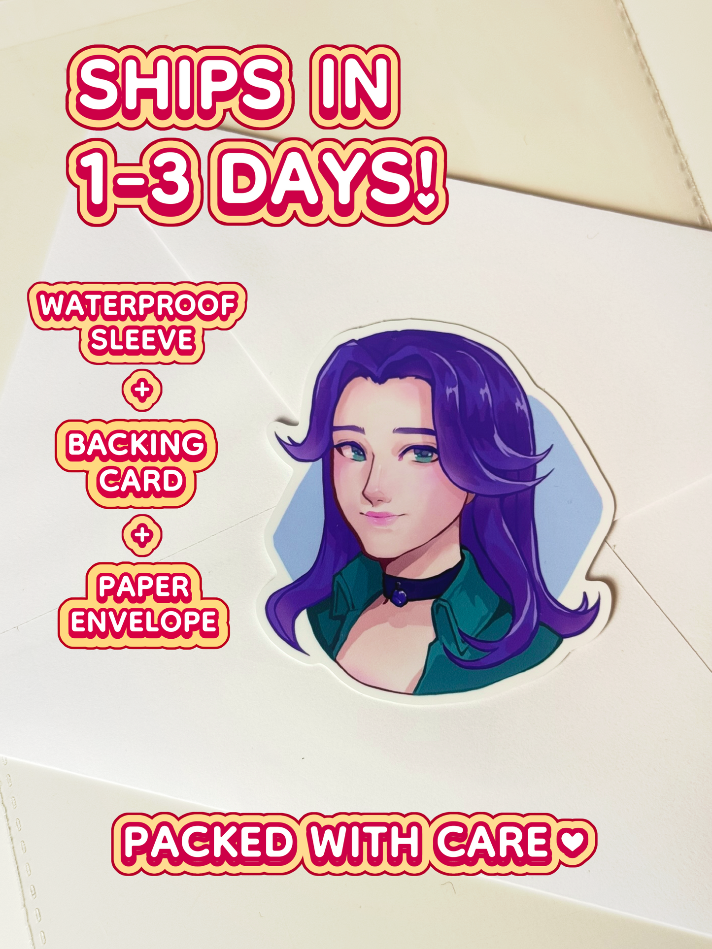 The Abigail sticker ships in 1 to 3 days in a waterproof sleeve, backing card, and paper envelope.