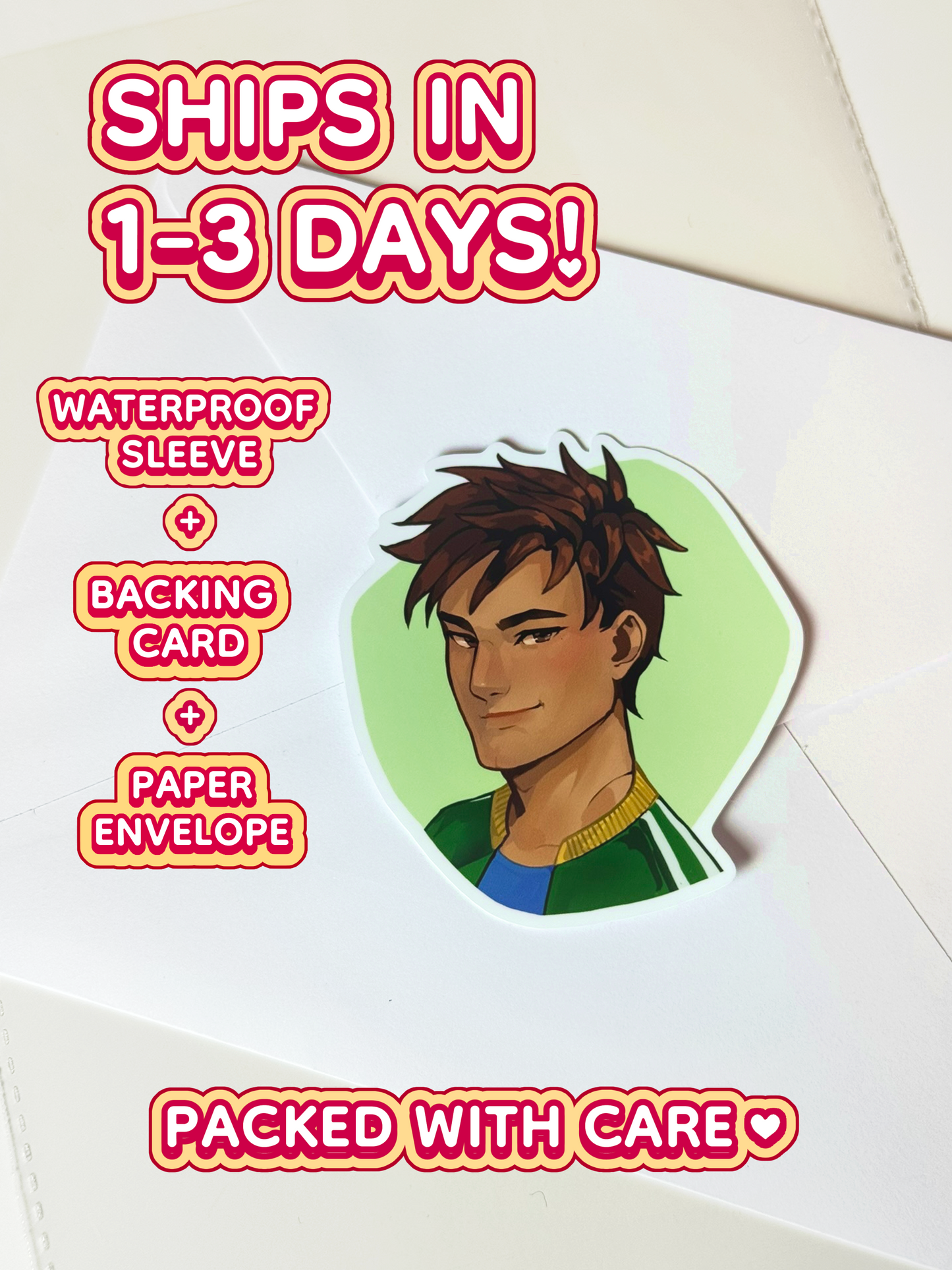 The Alex sticker ships in 1 to 3 days in a waterproof sleeve, backing card, and paper envelope.