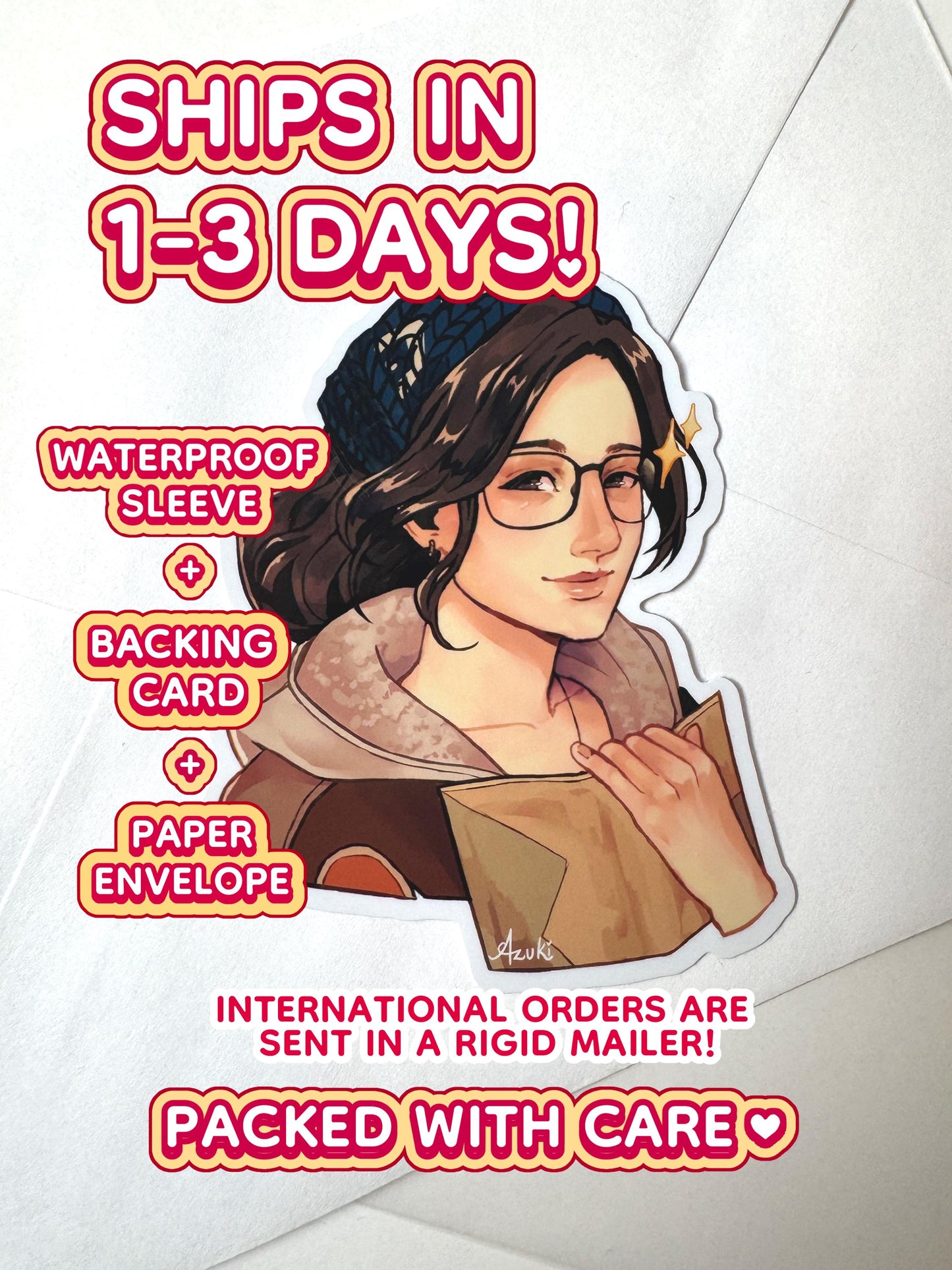 The Alma sticker ships in 1 to 3 days in a waterproof sleeve, backing card, and paper envelope.