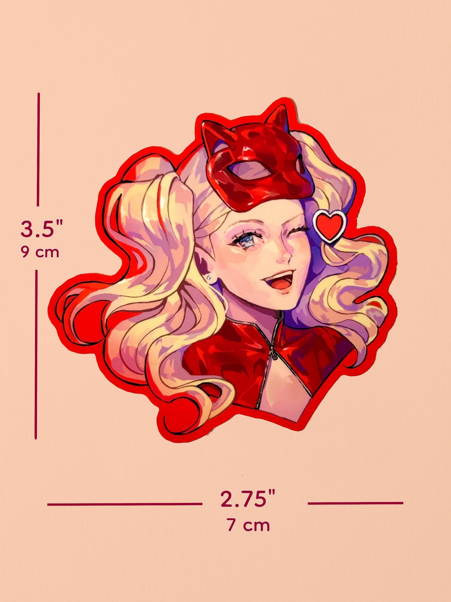 Measurements of the Ann Takamaki sticker. It's 3.5 inches tall and 2.75 inches wide