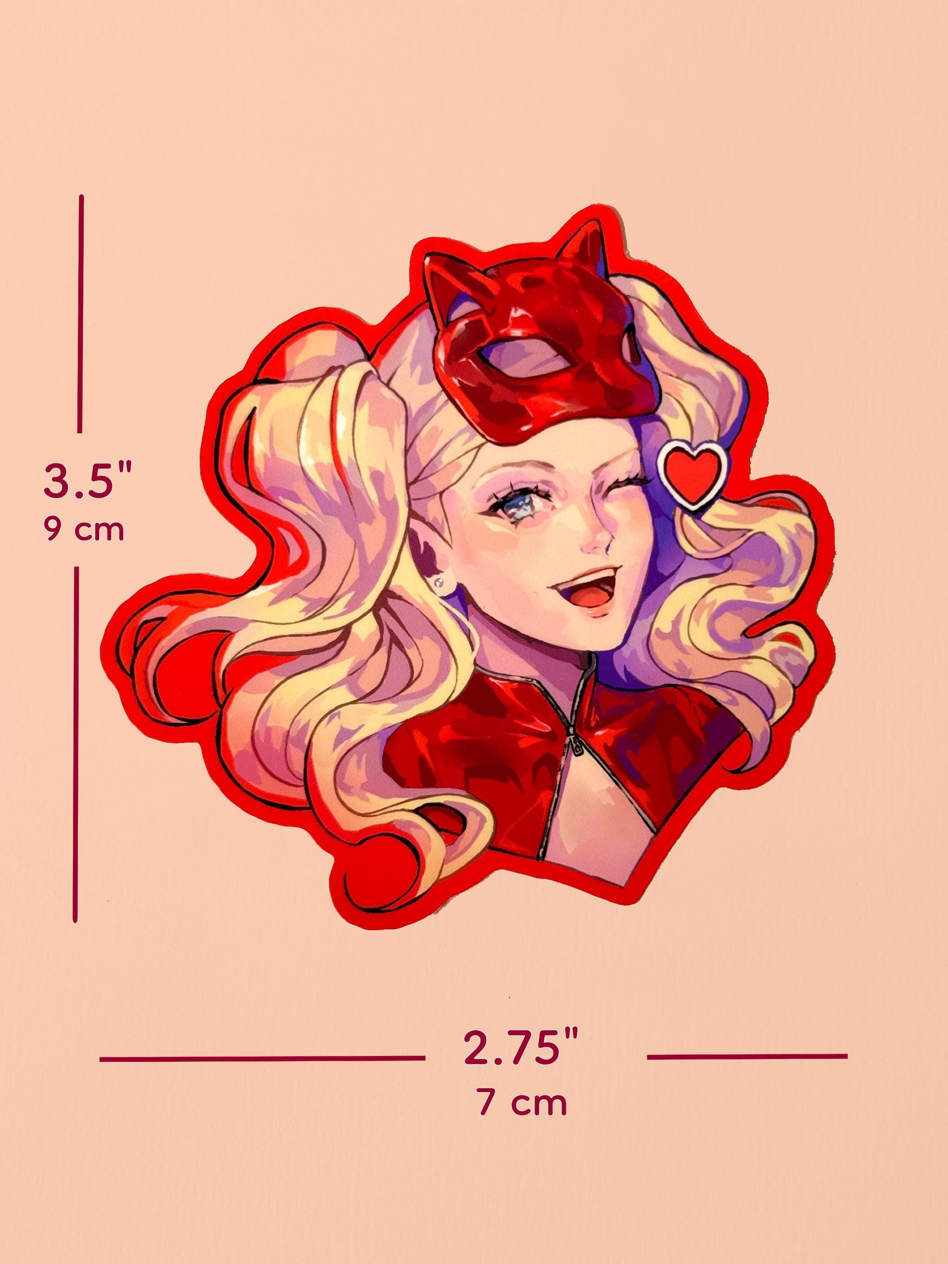 Measurements of the Ann Takamaki sticker. It's 3.5 inches tall and 2.75 inches wide