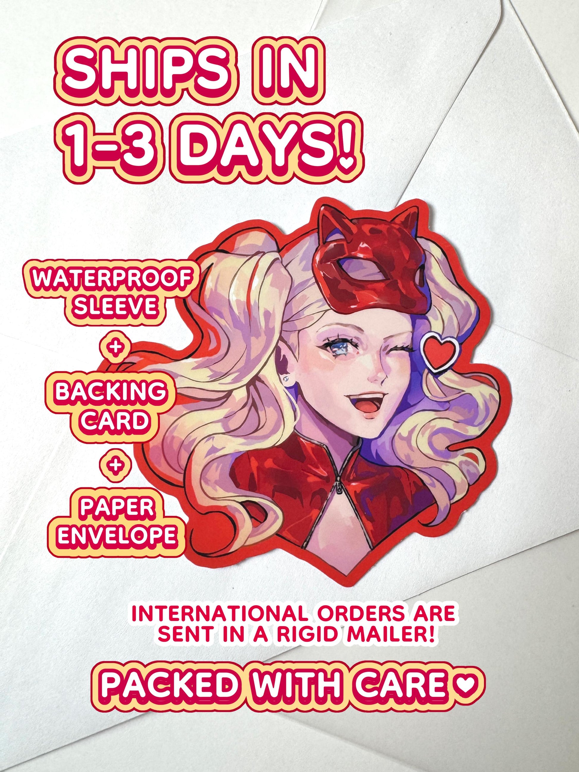 The Ann Takamaki sticker ships in 1 to 3 days with a waterproof sleeve, backing card, and paper envelope.