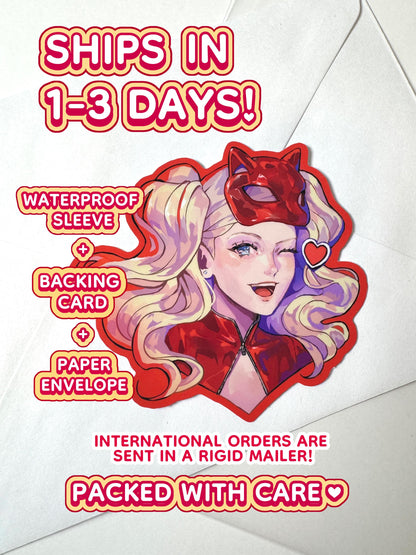 The Ann Takamaki sticker ships in 1 to 3 days with a waterproof sleeve, backing card, and paper envelope.