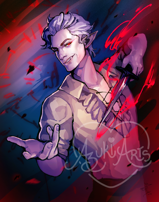 Art print of Astarion from Baldur's Gate 3 — a pale vampire with silver-white hair, pointed ears, red eyes, and fangs, smirking while holding a dagger over his shoulder, against a dramatic red and blue background.