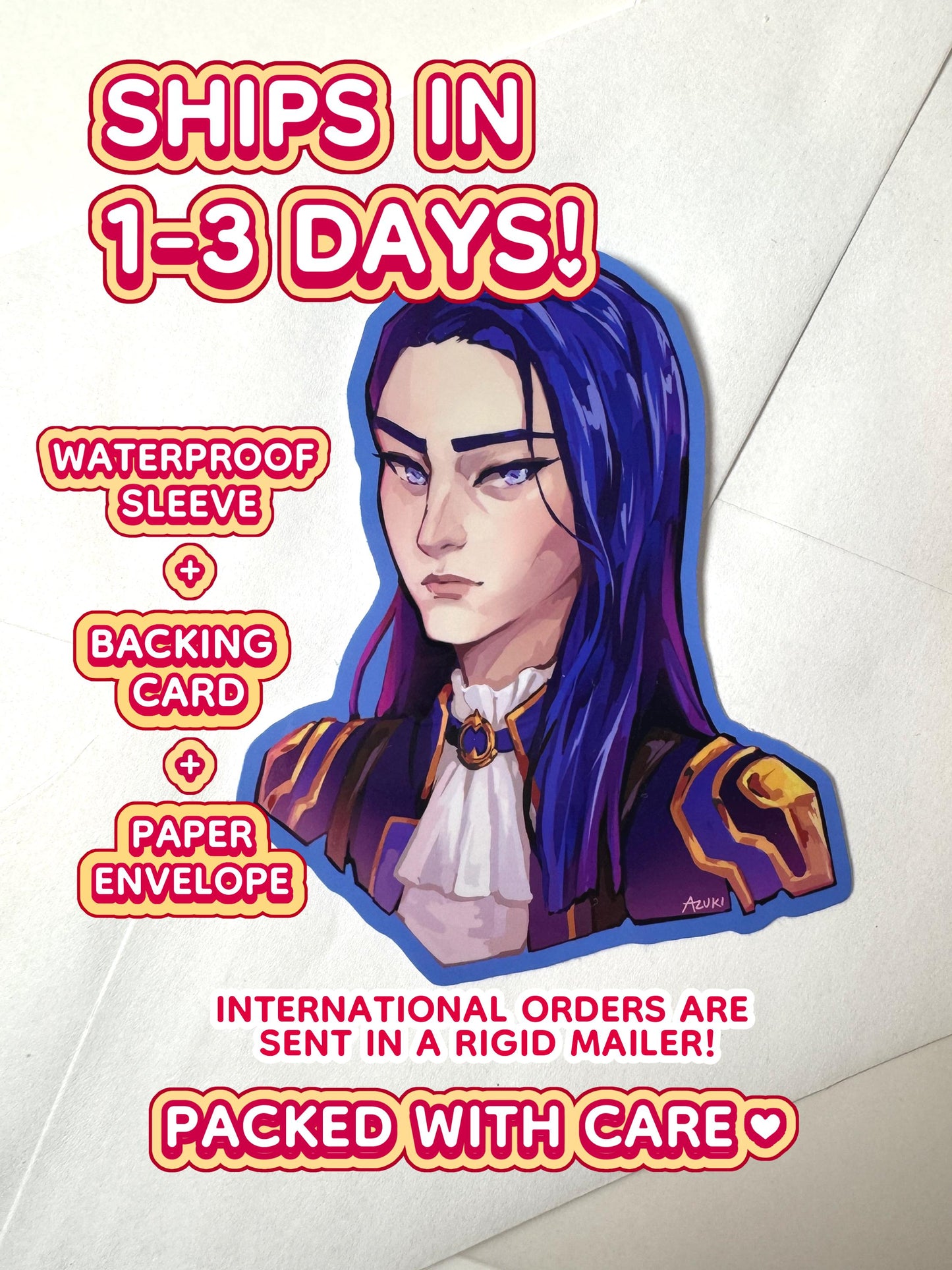The Caitlyn sticker ships in 1 to 3 days in a waterproof sleeve, backing card, and paper envelope.