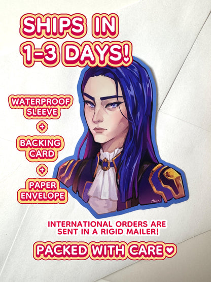 The Caitlyn sticker ships in 1 to 3 days in a waterproof sleeve, backing card, and paper envelope.