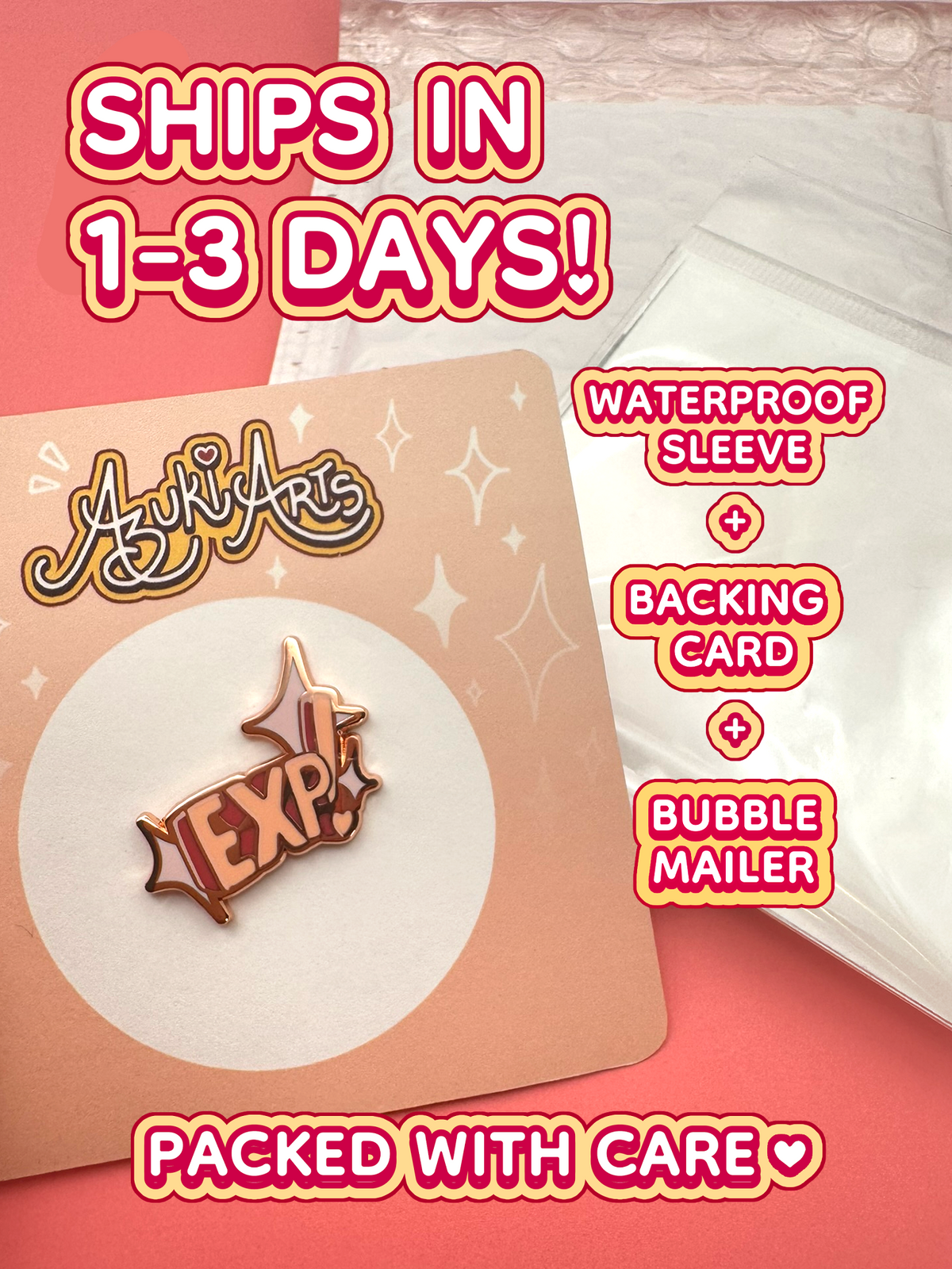 The EXP enamel pin ships in 1 to 3 days in a waterproof sleeve, backing card, and bubble mailer.