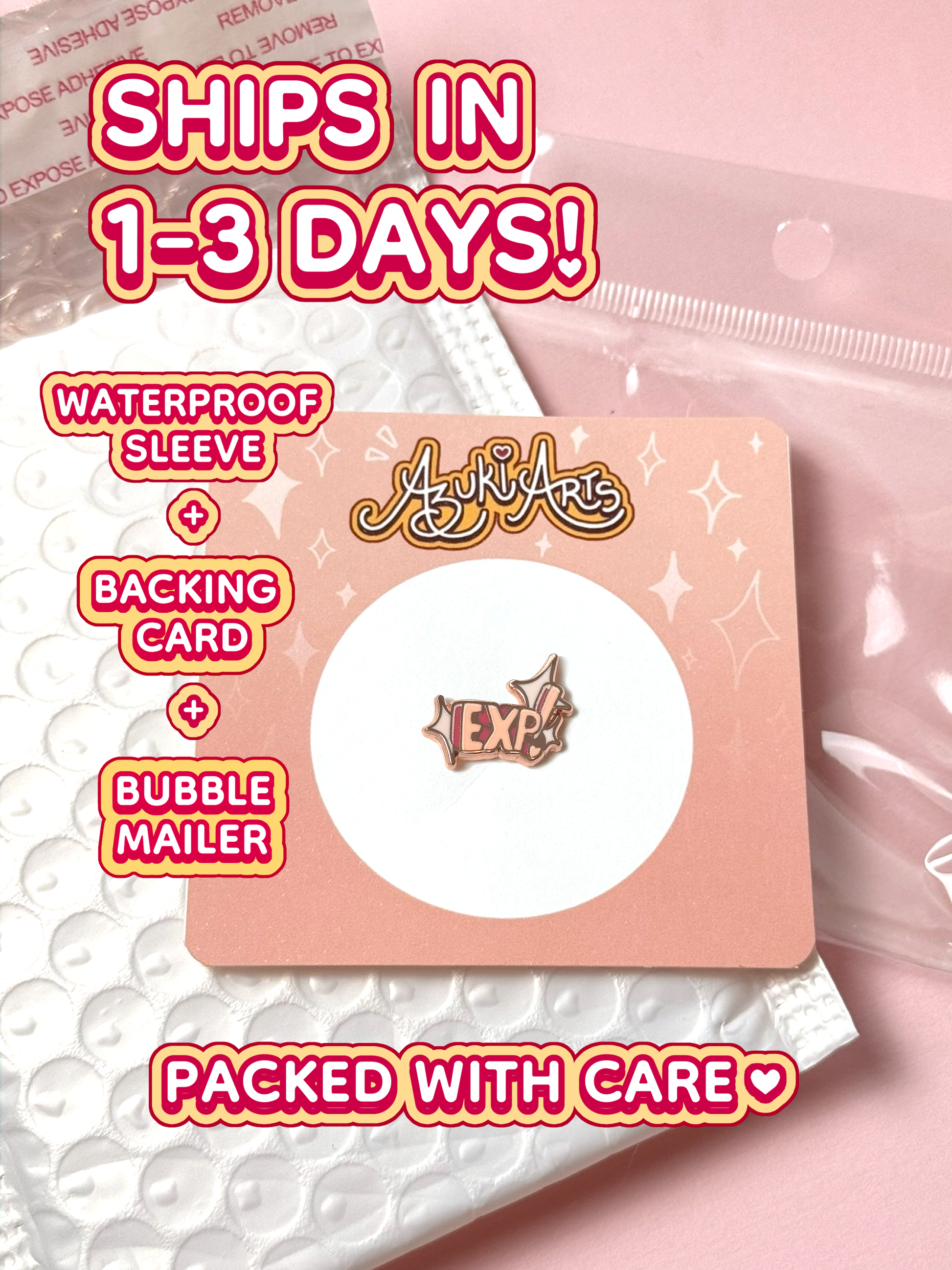 The EXP pin ships in 1 to 3 days in a waterproof sleeve, backing card, and bubble mailer