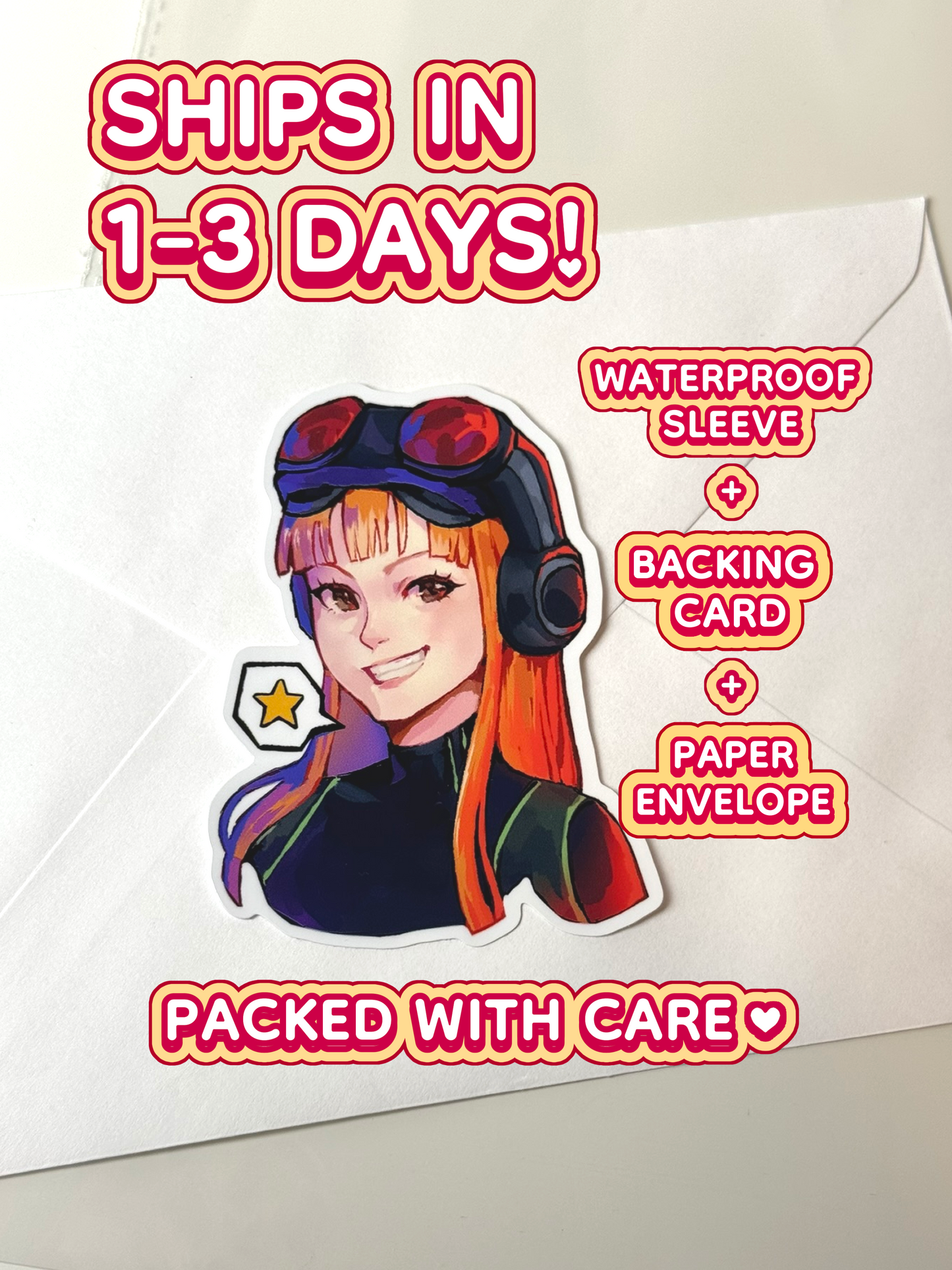 The Futaba Sakura sticker ships in 1 to 3 days in a waterproof sleeve, backing card, and paper envelope.