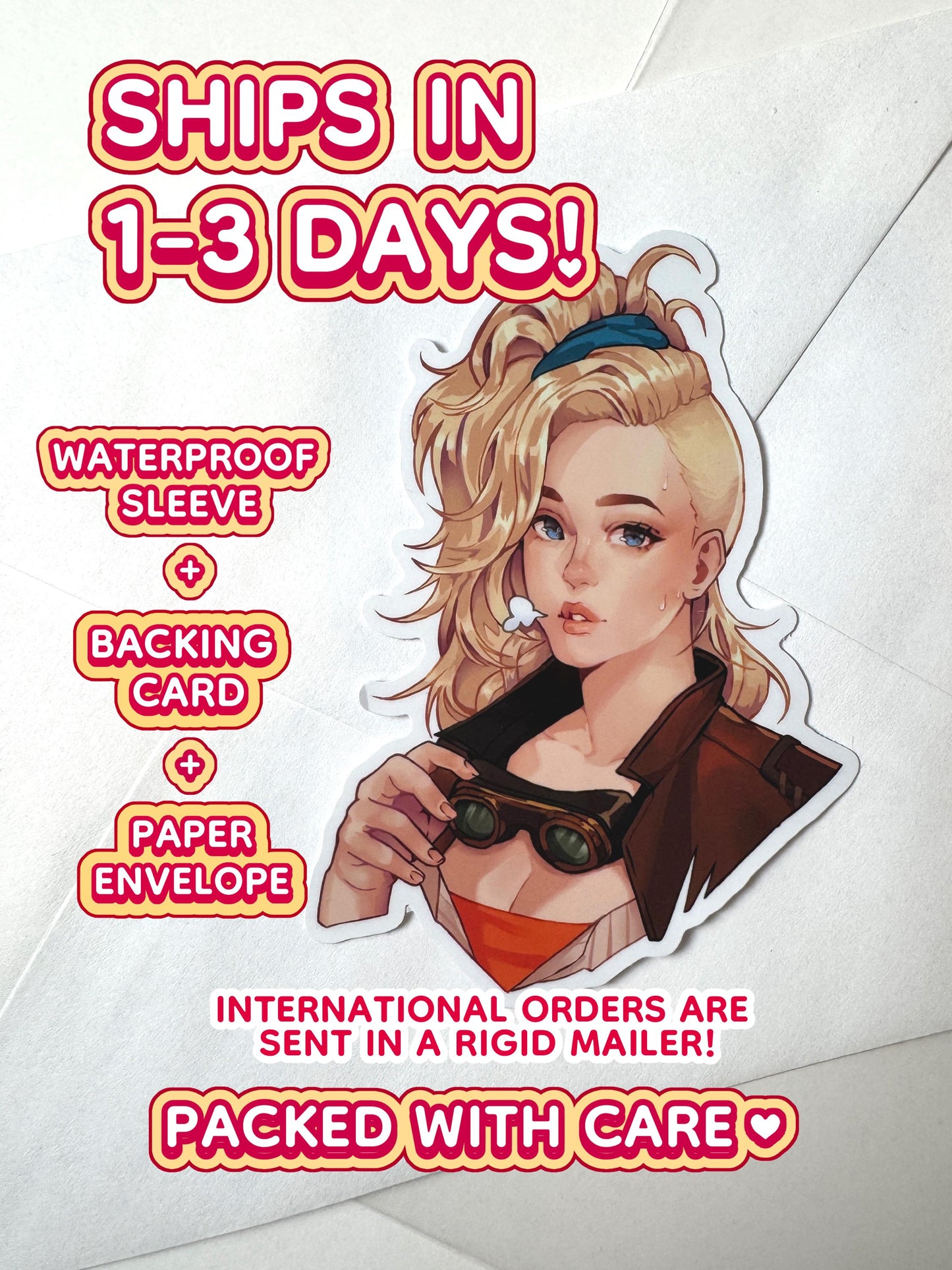 The Gemma sticker ships in 1 to 3 days in a waterproof sleeve, backing card, and paper envelope.