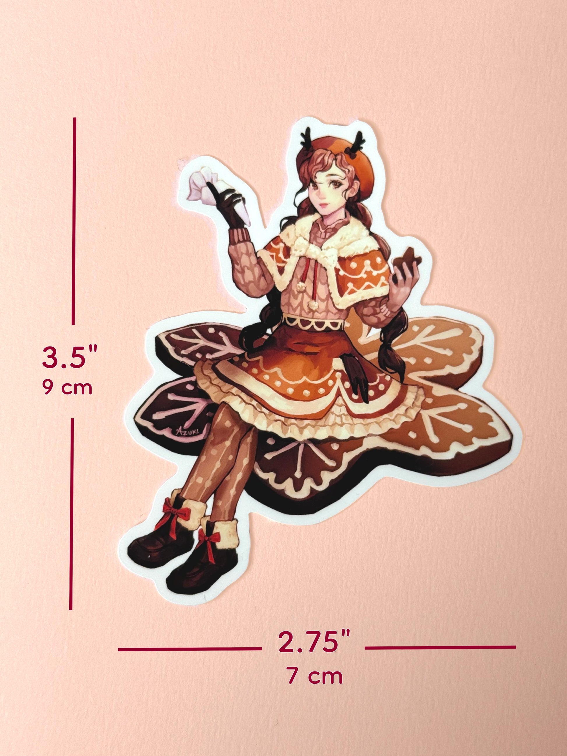 The gingerbread girl sticker measures 3.5 inches tall and 2.75 inches wide.
