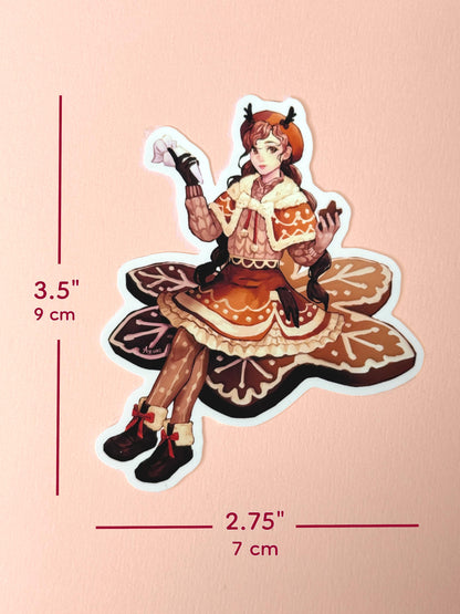 The gingerbread girl sticker measures 3.5 inches tall and 2.75 inches wide.