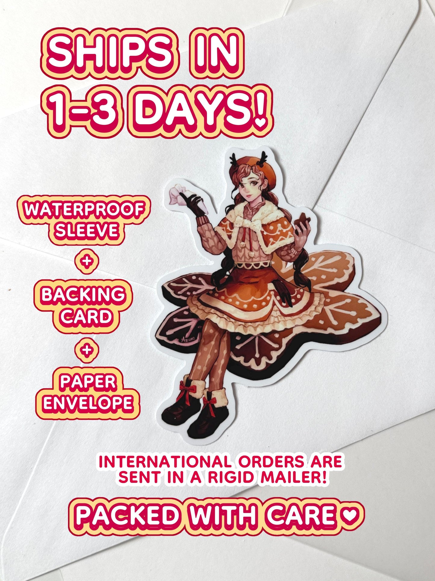 The gingerbread girl sticker ships in 1 to 3 days in a waterproof sleeve, backing card, and paper envelope.
