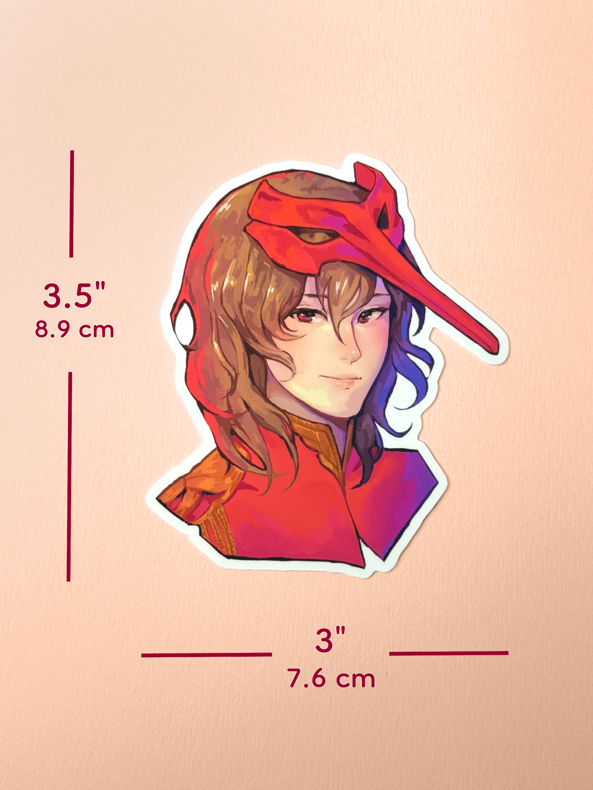 The Goro Akechi sticker measures 3.5 inches tall and 3 inches wide.