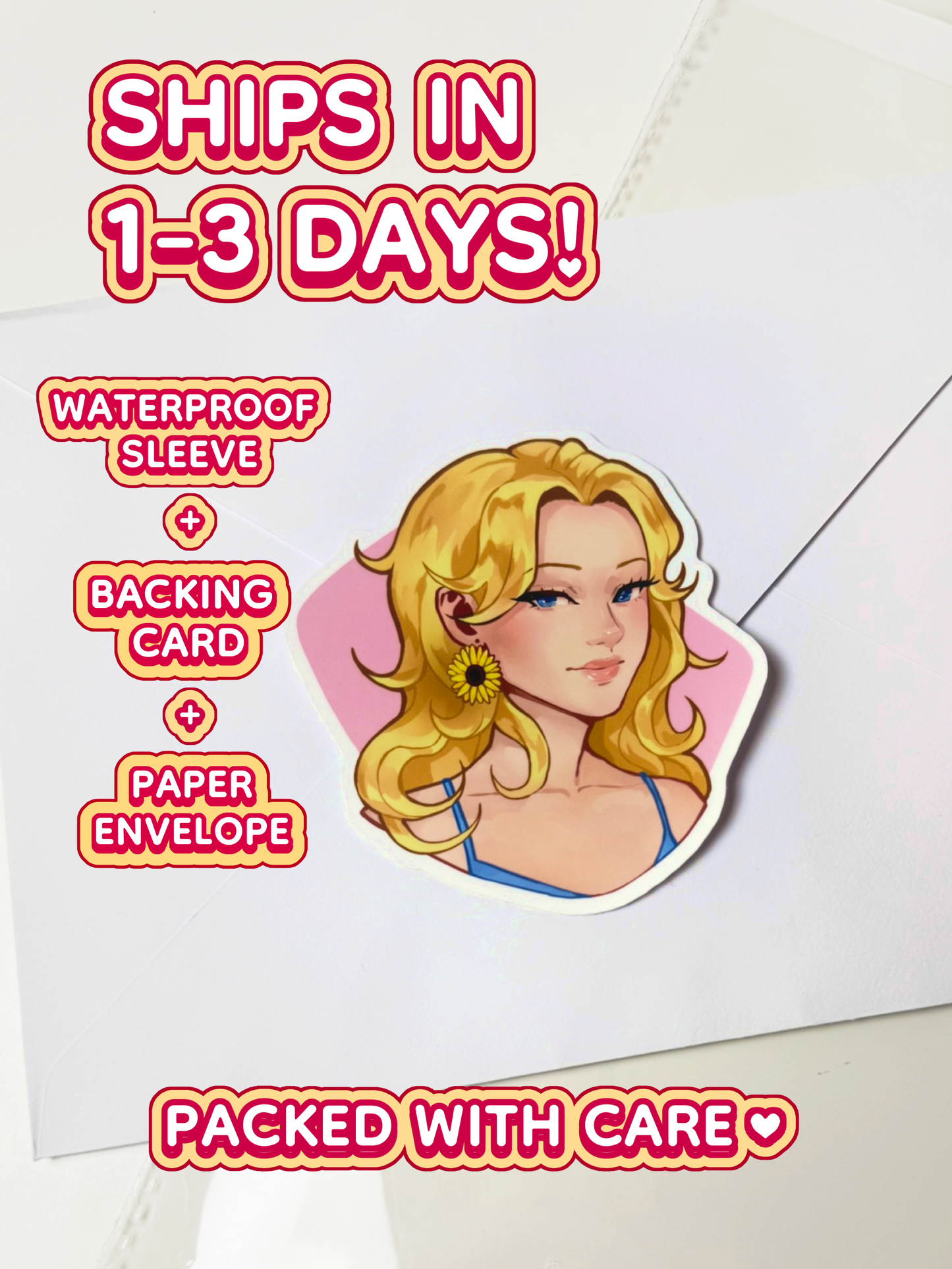 The Haley sticker ships in 1 to 3 days in a waterproof sleeve, backing card, and paper envelope.