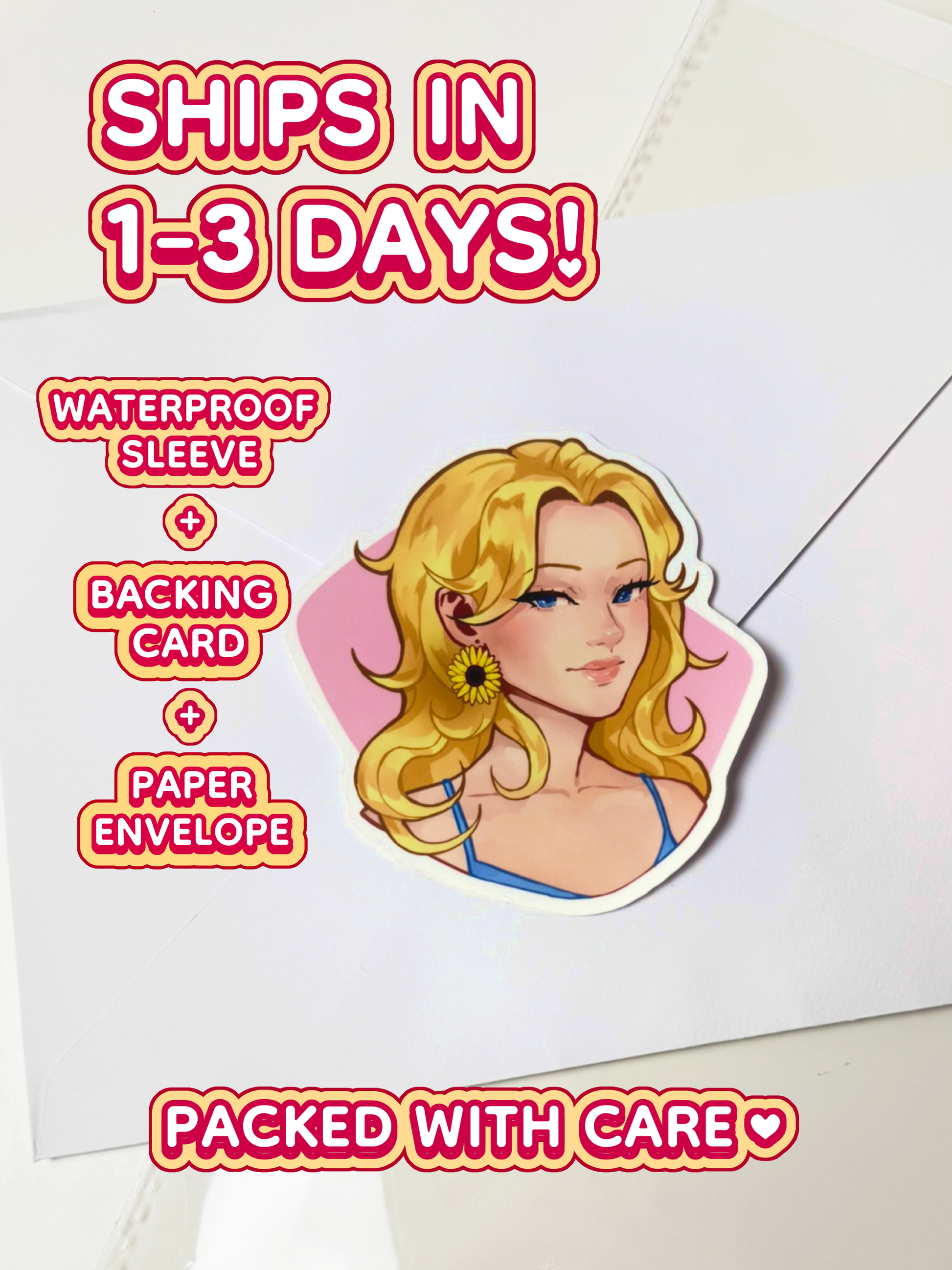 The Haley sticker ships in 1 to 3 days in a waterproof sleeve, backing card, and paper envelope.