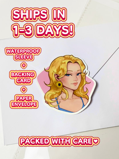 The Haley sticker ships in 1 to 3 days in a waterproof sleeve, backing card, and paper envelope.
