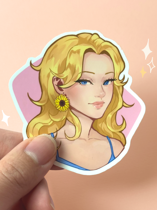 Die-cut vinyl sticker of Haley from Stardew Valley, with wavy blonde hair, blue eyes, a sunflower earring, and a blue top, smiling on a pink background, held between fingers against a peach background.