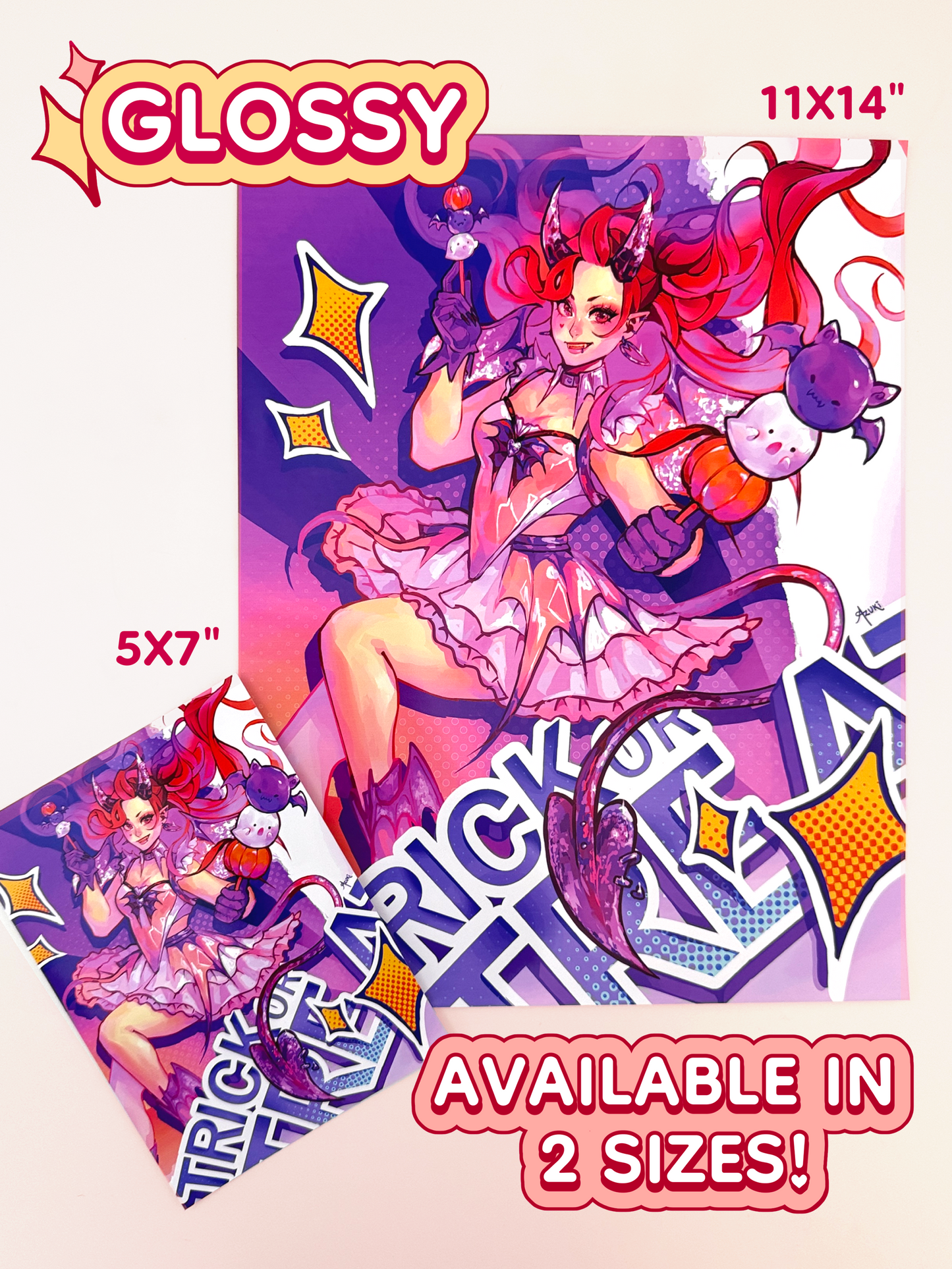 The Azuki Demon girl print is available in 11 inches by 14 inches, and 5 inches by 7 inches. The print is on glossy paper.