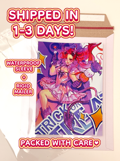 The Azuki Demon girl print ships in 1 to 3 days in a waterproof sleeve and rigid mailer.