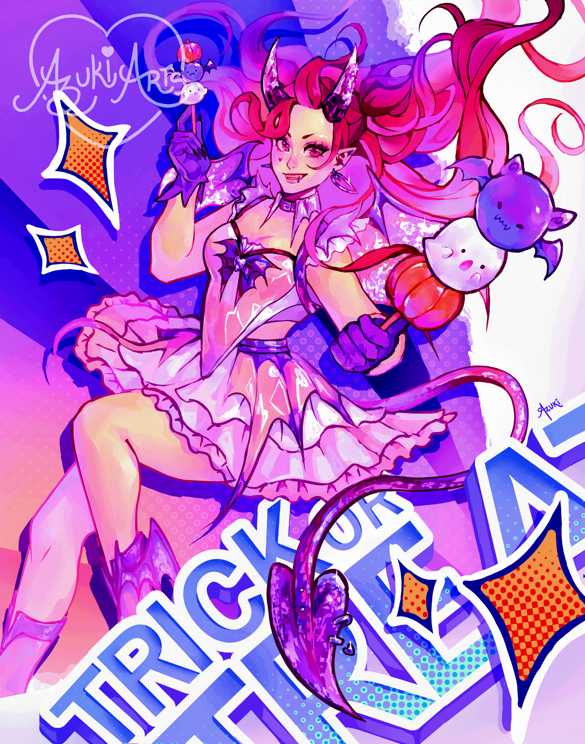 Art print of Azuki, the Azuki Arts persona, in demon magical-girl form — pink hair, glittery horns, a swishing tail, and a frilly pink dress, holding spooky bat-and-ghost dango treats amid "Trick or Treat" lettering and stars.