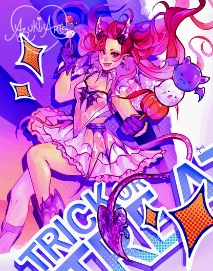 Art print of Azuki, the Azuki Arts persona, in demon magical-girl form — pink hair, glittery horns, a swishing tail, and a frilly pink dress, holding spooky bat-and-ghost dango treats amid "Trick or Treat" lettering and stars.