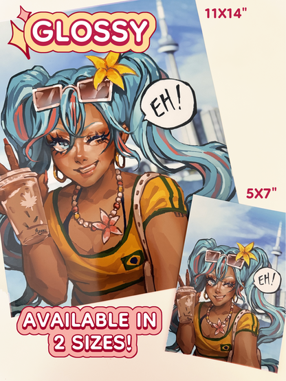 The Brazilian Miku print is available in 11 inches by 14 inches, and 5 inches by 7 inches. The print is on glossy paper.