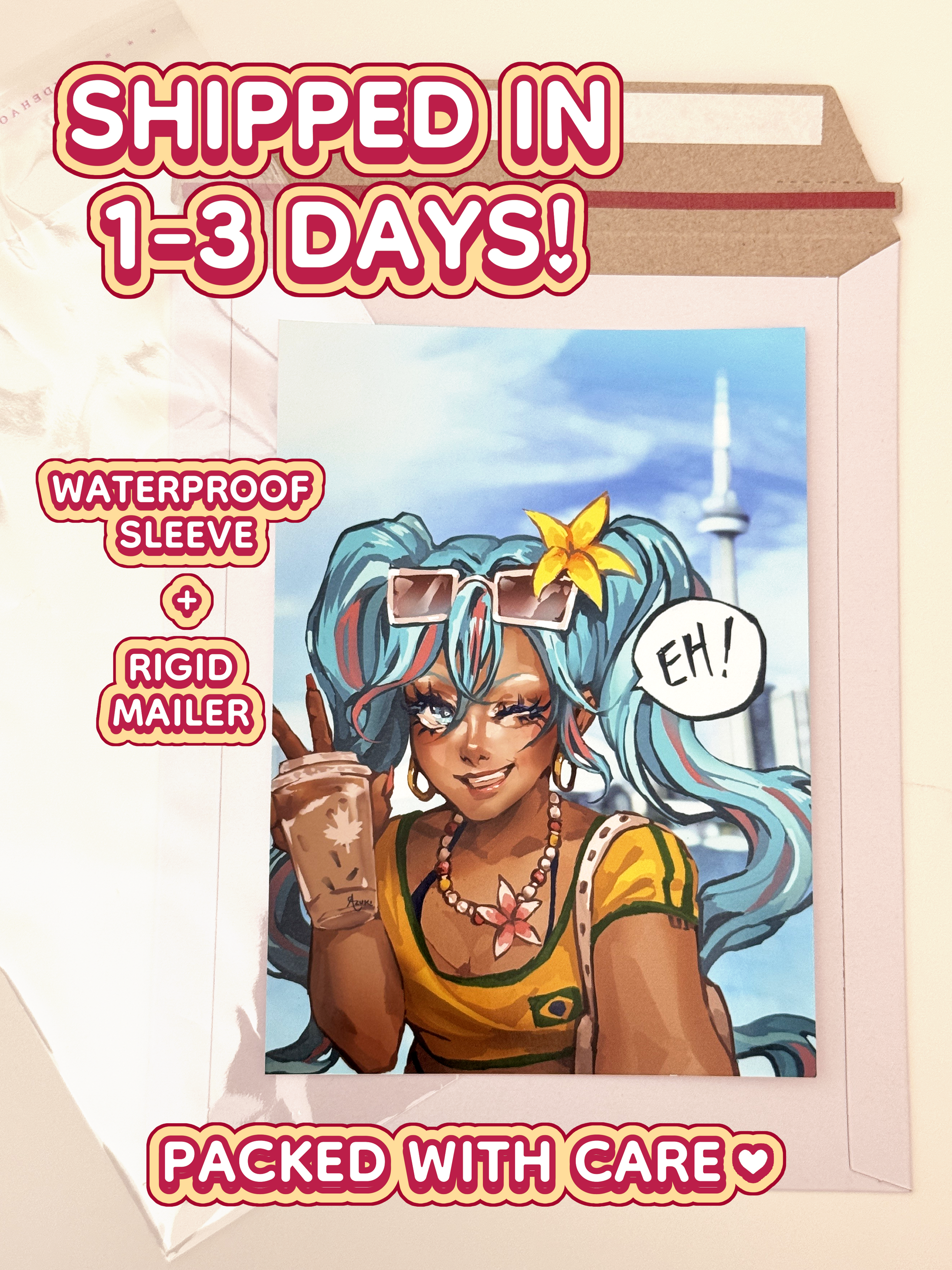 The Brazilian Miku print ships in 1 to 3 days in a waterproof sleeve and rigid mailer.