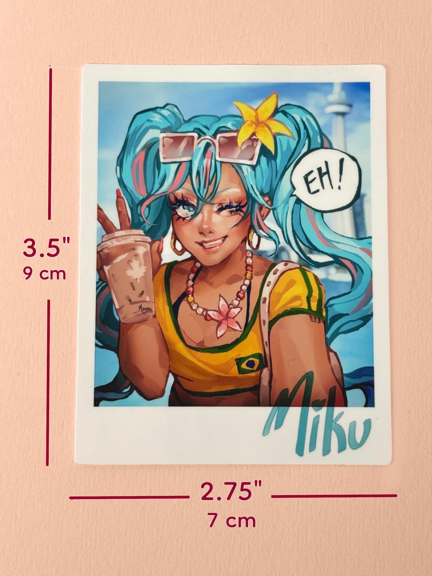 The Brazilian Miku polaroid sticker is 3.5 inches tall and 2.75 inches wide.