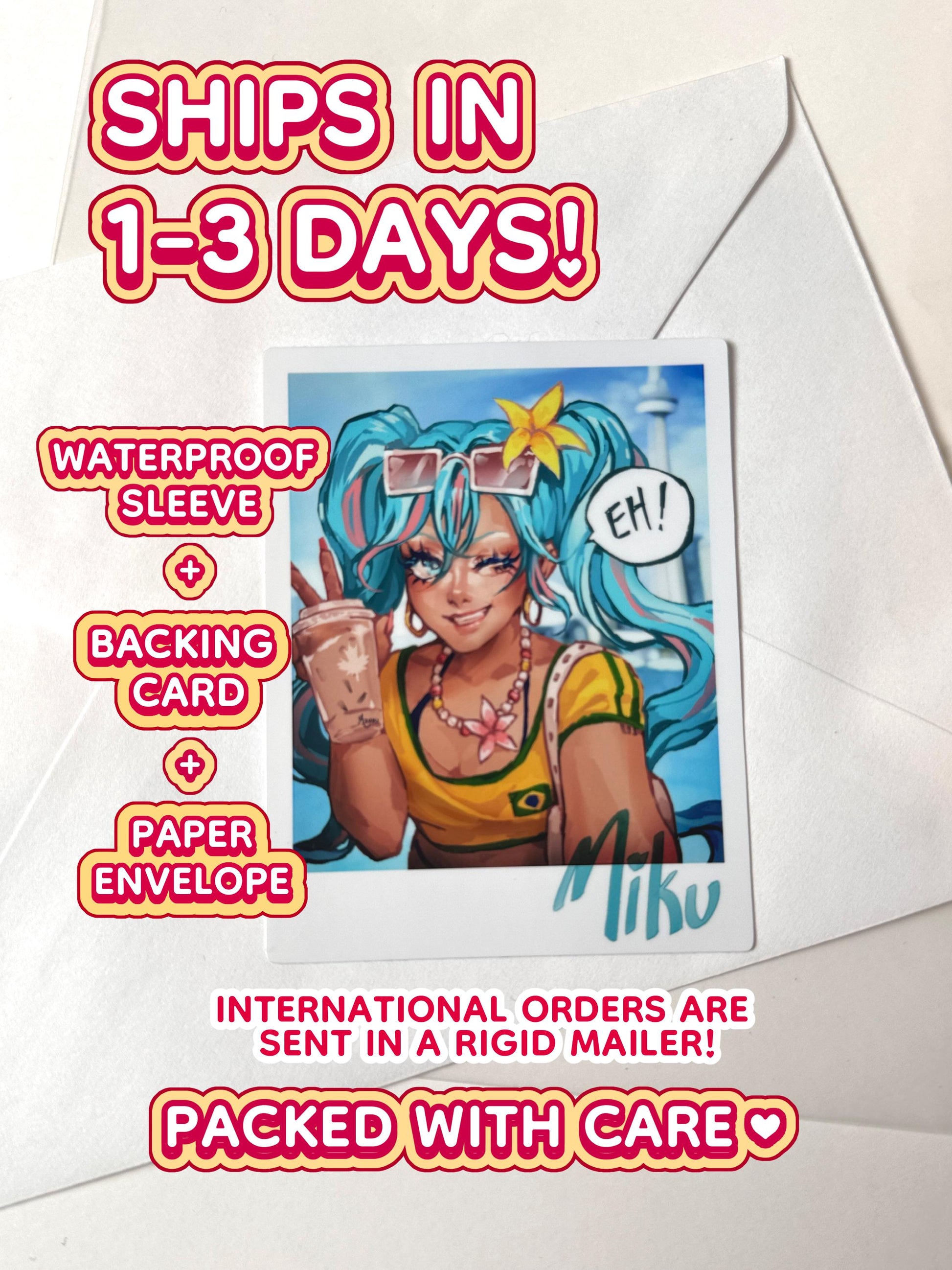 The Brazilian Miku polaroid sticker ships in 1 to 3 days, in a waterproof sleeve, backing card, and paper envelope.