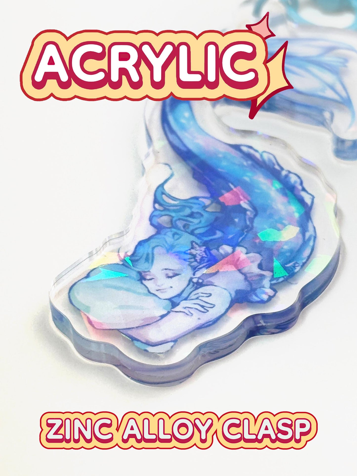 The holographic mermaid keychain is acrylic with a zinc alloy clasp.