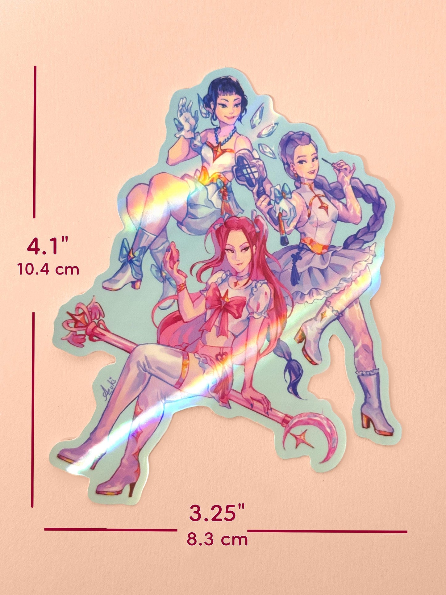 The Huntrix sticker measures 4.1 inches tall and 3.25 inches wide.