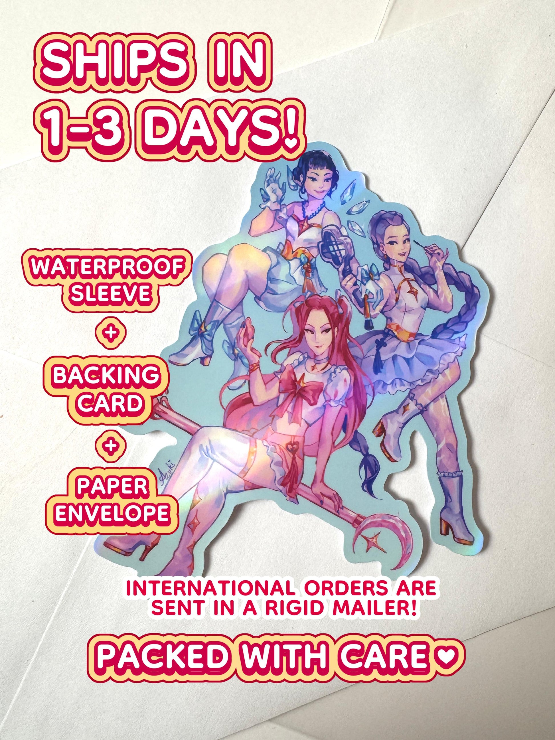 The Huntrix sticker ships in 1 to 3 days in a waterproof sleeve, backing card, and paper envelope.