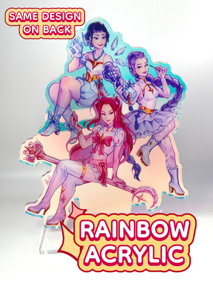 The Huntrix standee has the same design on both sides in rainbow acrylic