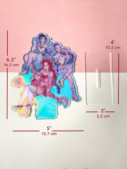 The Huntrix standee measures 6.5 inches tall and 5 inches wide. The base is 4 inches wide and 2 inches tall.